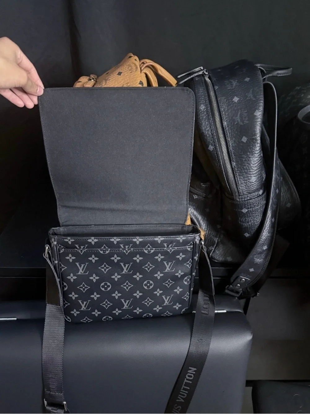 Louis Vuitton Grey Monogram Messenger Bag with Black Strap